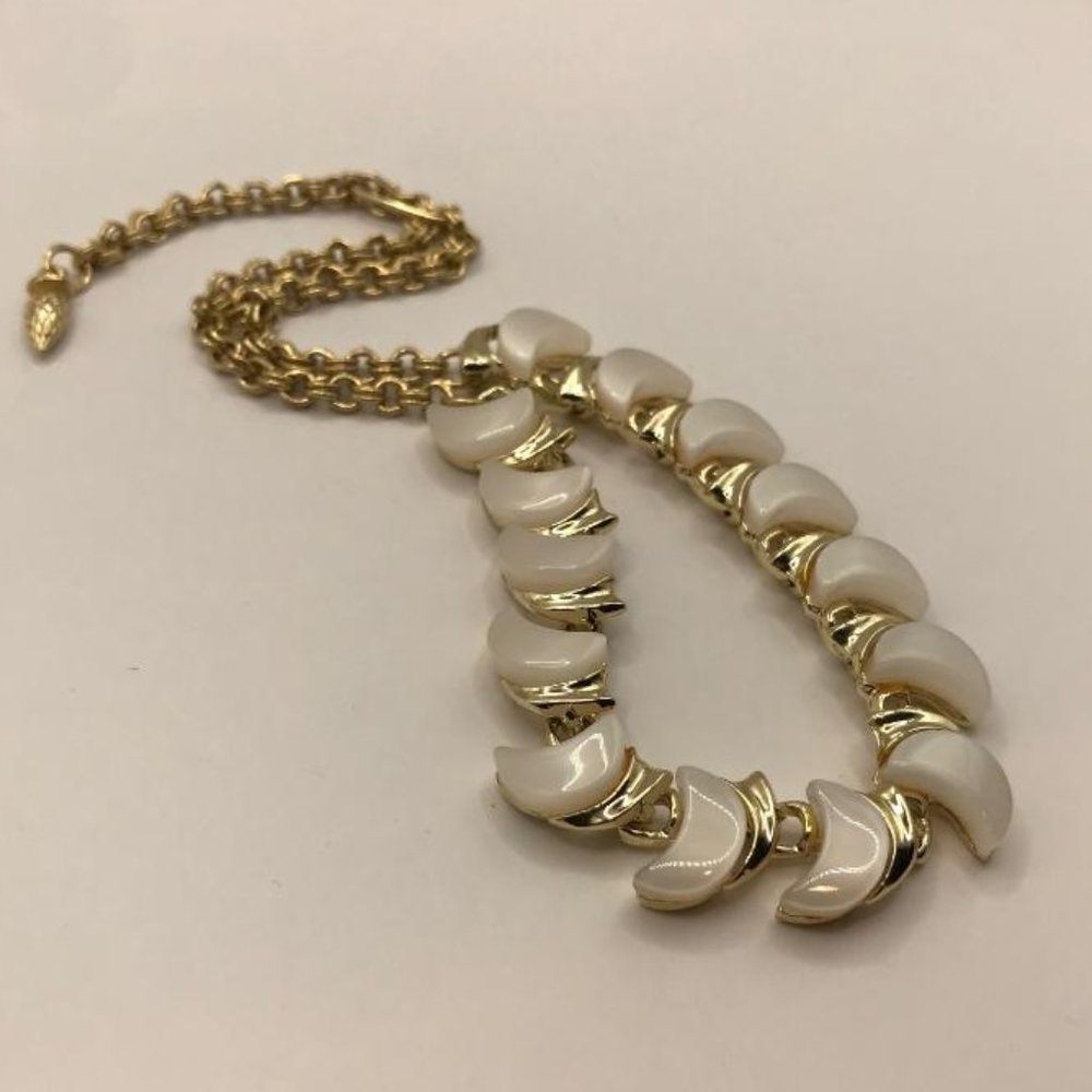 Gold-Tone & Thermoset Pearlescent Crescent Moon Necklace - Picture 5 of 9